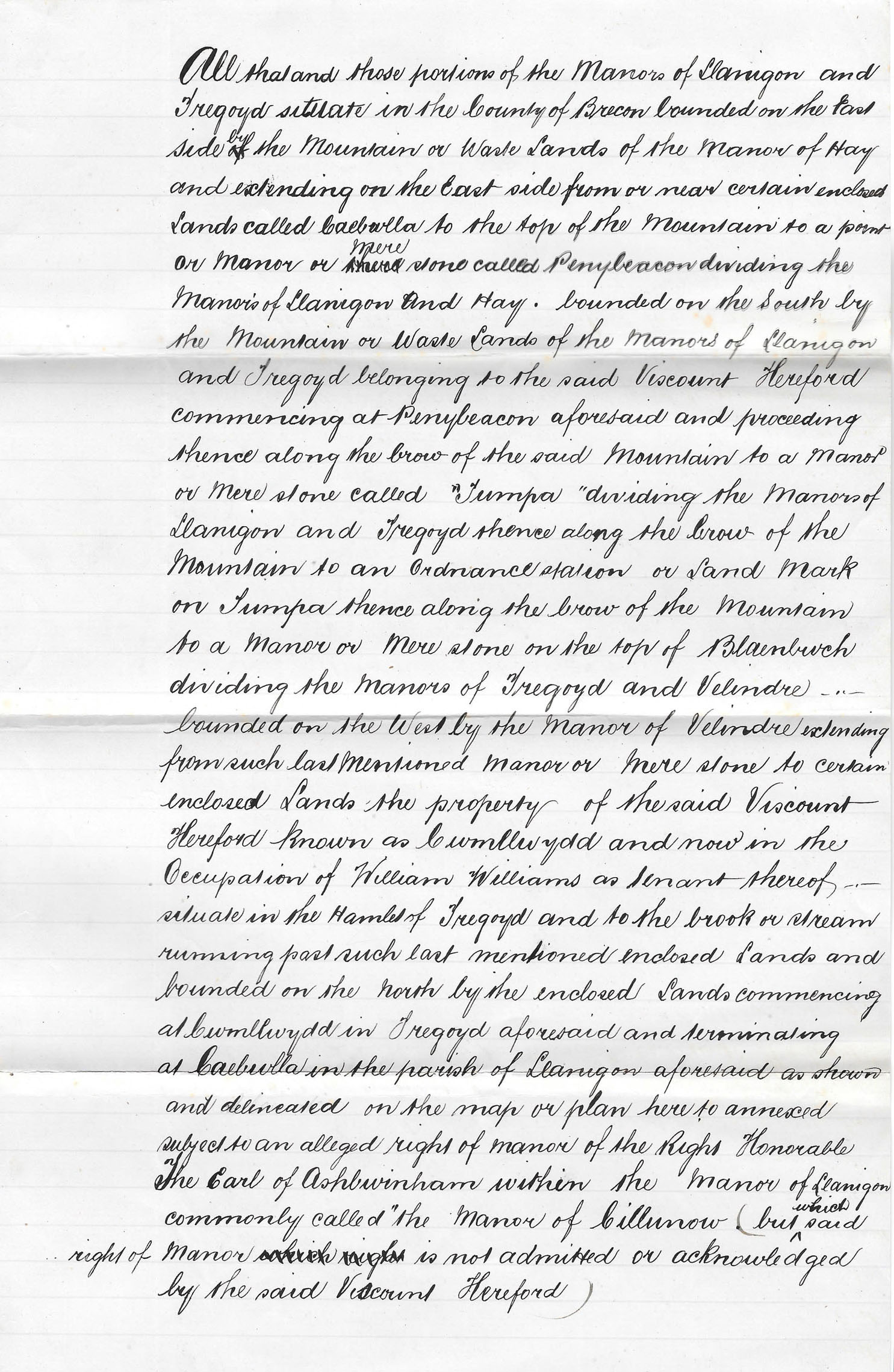 1878 land definition describing the Breconshire boundaries for the Black Mountain artillery range