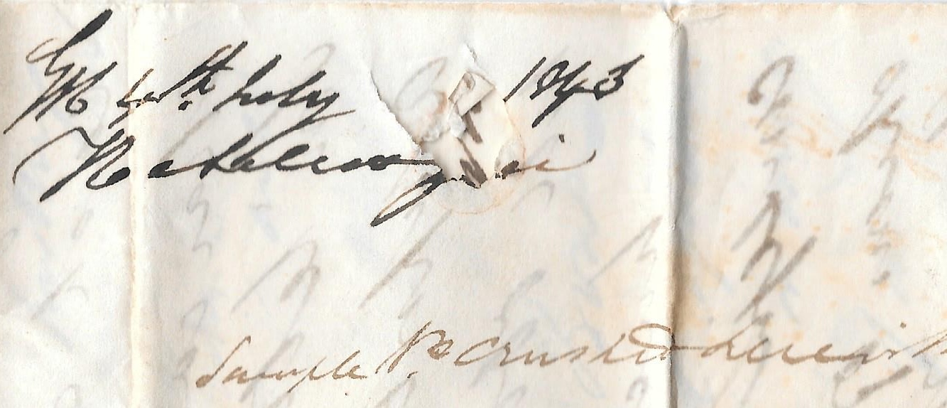 First page of the William Macfir letter, dated 4 July 1843, from Greenock to his father John Macfir. The letter discusses Victorian travel, business, and technical matters in Scotland.