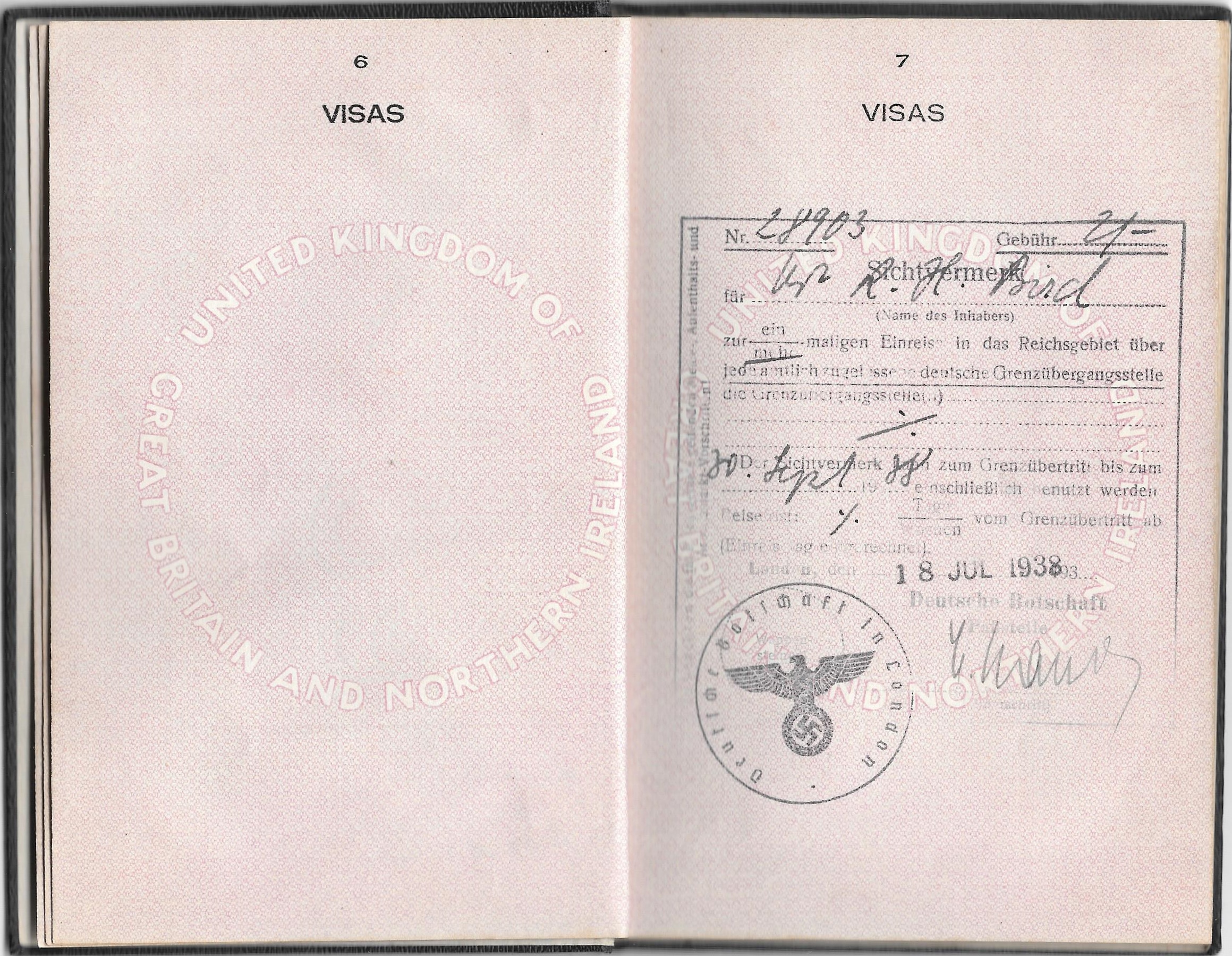 German visa issued to Reginald Harry Bird on 18 July 1938 by the Nazi embassy in London, with swastika stamp and handwritten approval