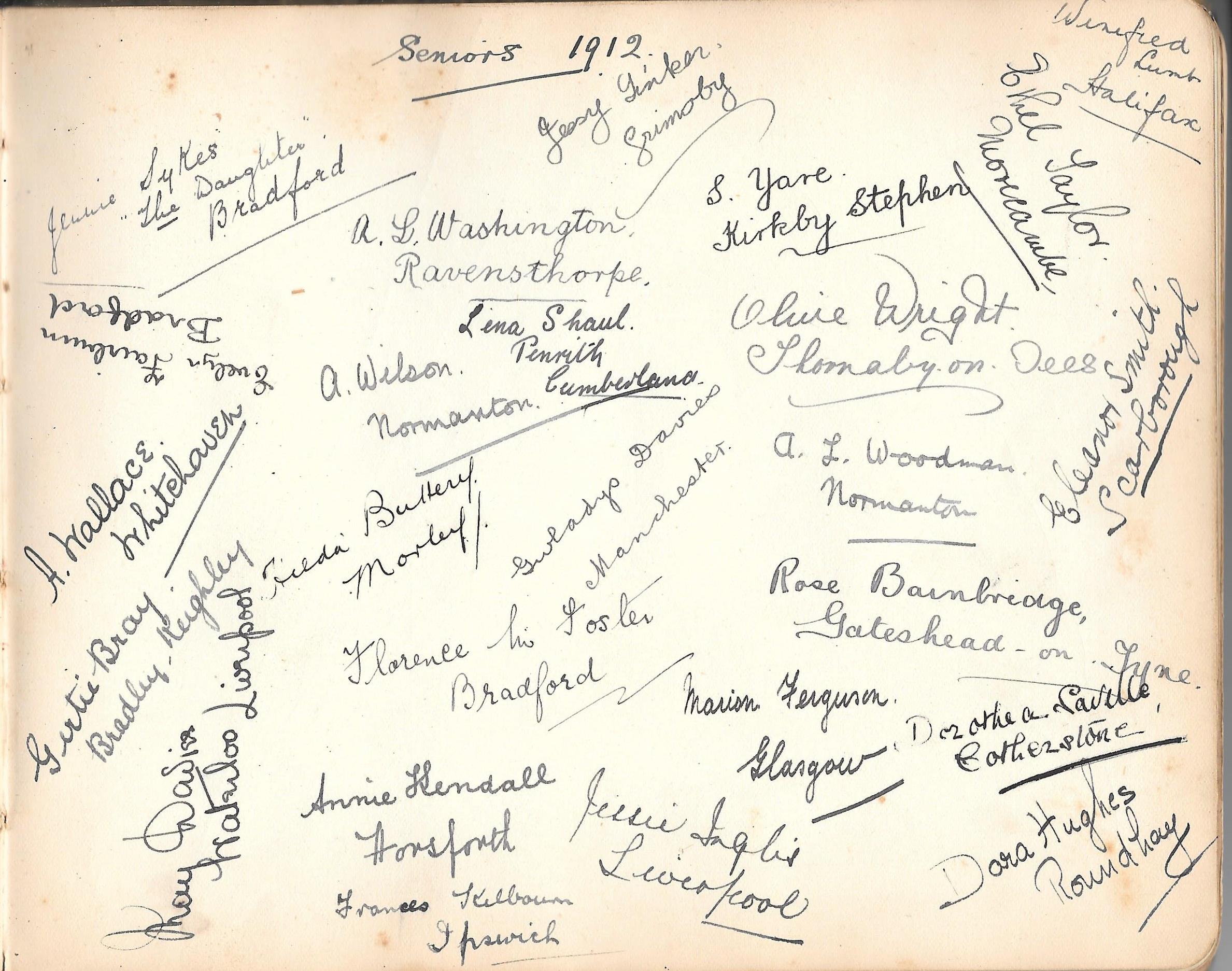 Signatures and hometowns of Emily Rourke’s 1912 seniors class, Leeds teacher training college, showing names from across England and Scotland