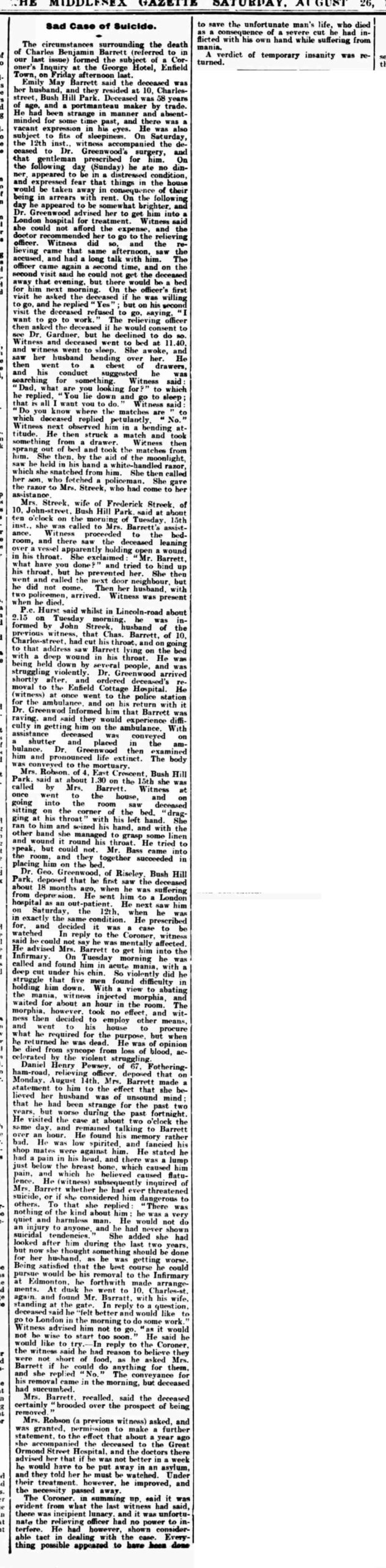Newspaper report from the Middlesex Gazette, 26 August 1905, detailing the inquest into the death of Charles Benjamin Barrett.